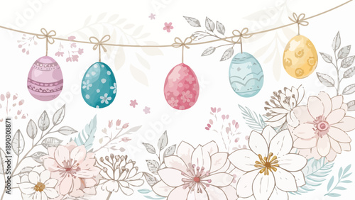 Easter eggs hanging on twine with spring flowers