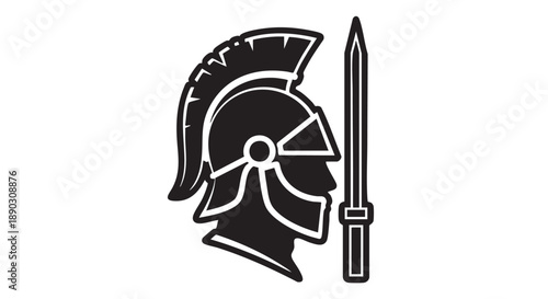 Ancient Greek warrior's helmet and sword illustration on a plain background from a side view