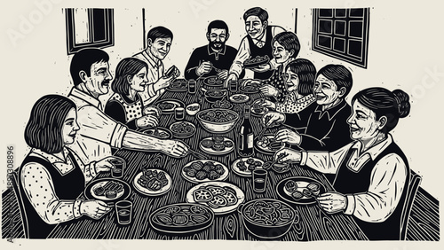 illustration of people gathered around a table having a meal together