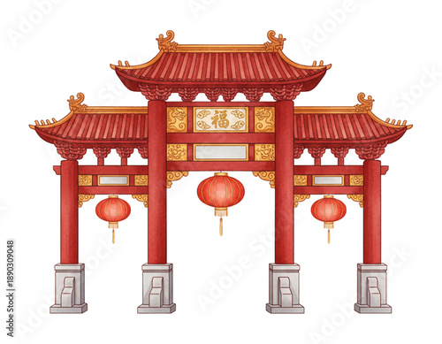 Traditional Chinese Red Gate with Hanging Lanterns and Golden Decorative Elements Cultural Architecture