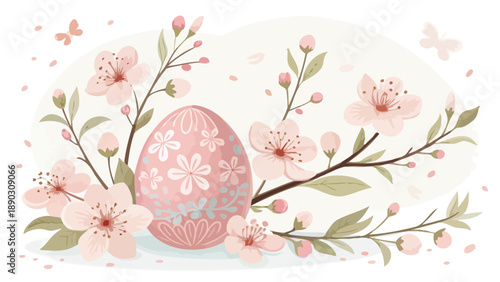 Easter egg surrounded by delicate cherry blossoms and butterflies