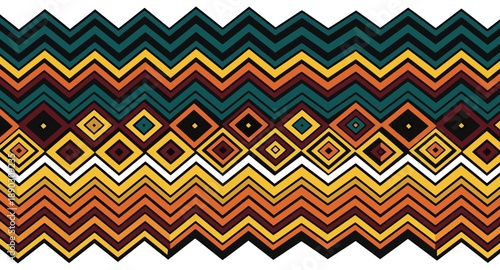 Vibrant zig zag pattern with geometric shapes in shades of yellow orange red green on white background