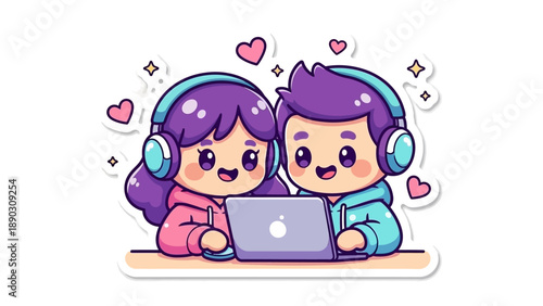 Cute 3D sticker of two children with headphones using laptop together surrounded by hearts