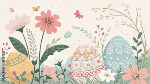 Easter eggs with flowers and butterflies in spring garden