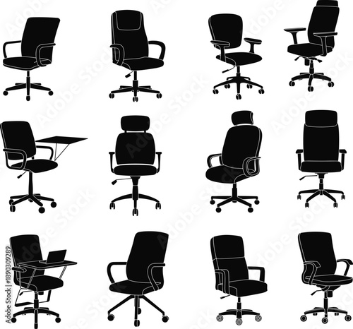Black Silhouette Set of Ergonomic Office Chairs and Swivel Desk Seats with Armrests Headrests and Tablet Arms Isolated on White Background for Corporate Design