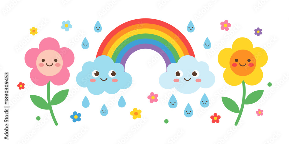 Fototapeta premium Happy cartoon clouds raining on smiling flowers with rainbow