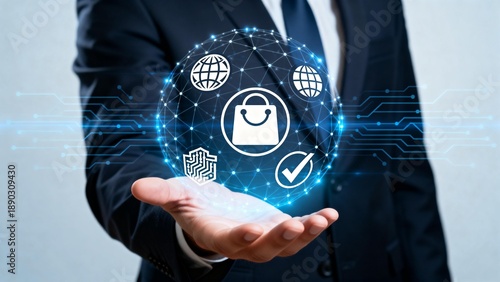 Businessman holding digital network sphere