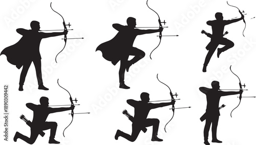 Set of Archer Silhouettes in Various Poses with Bow and Arrow, Vector Isolated on White Background