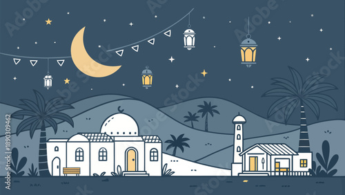 Serene Ramadan night scene with mosque and palm trees under starry sky