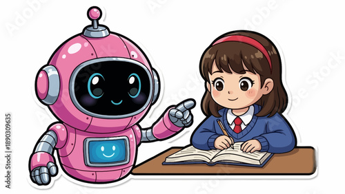 Cute 3D sticker robot assisting a young girl in a classroom setting with a book open