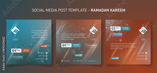 Social media post template in green orange geometric background. simple arabic text mean is ramadan.