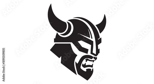 Viking warrior head illustration with horned helmet in black and white