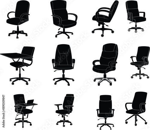 Collection of Black Silhouette Office Chairs and Ergonomic Desk Seats Featuring Executive Swivel Designs with Armrests and Tablet Desks Isolated on White Background for Workspace Design