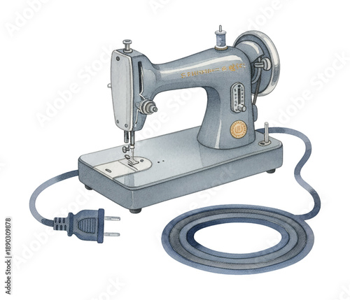 Detailed vintage sewing machine with power cord and plug an old fashion grey sewing equipment illustration