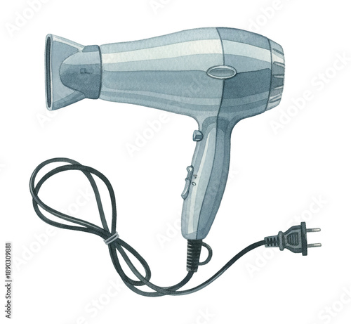 Grey Hair Dryer with Black Cord and Plug for Hair Styling in a Detailed Watercolor Illustration on White Background