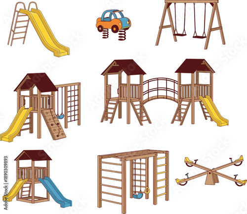 Colorful wooden playground equipment illustration set featuring slides swings climbing frames seesaws and play structures for kids parks schools daycare outdoor recreation