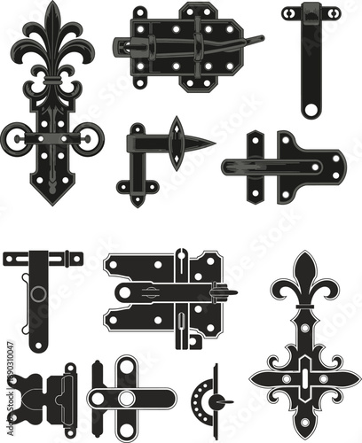 Decorative black metal door hinge and latch hardware illustration set featuring vintage ornamental hinges locks and fasteners isolated on white background