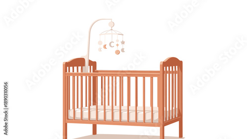wooden baby crib or cot with a white mattress and a hanging mobile featuring moon and star shapes for a nursery setting.