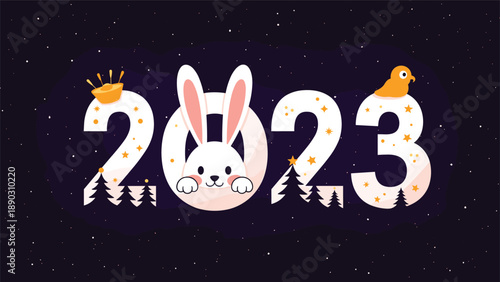 festive 2023 happy new year greeting featuring a cute white rabbit, stars, and evergreen trees for the year of the rabbit.