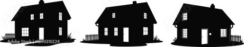 House silhouettes set showing residential homes, real estate property icons and suburban buildings, black architecture shapes isolated on white background illustration