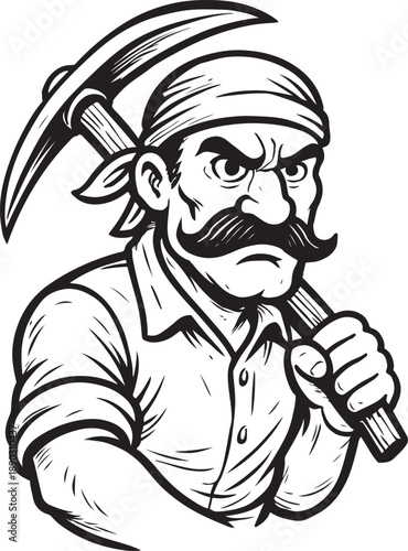 Angry prospector or miner with a pickaxe on his shoulder, vintage style illustration
