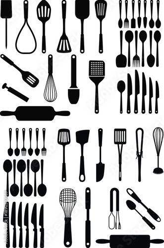 Kitchen utensil silhouettes collection featuring spoons, forks, knives, spatulas, whisks and cooking tools, culinary equipment icons isolated on white background illustration