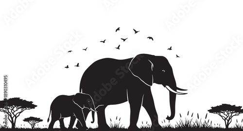 Mother elephant and calf walking through savannah with birds flying overhead at sunset
