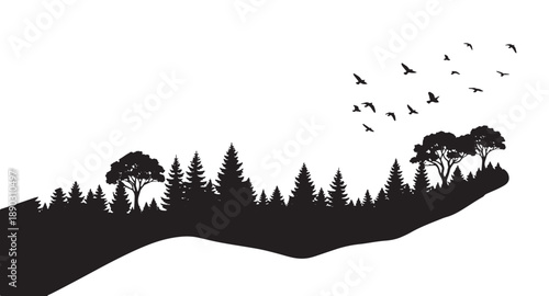 Hand cradling forest landscape with trees and flying birds in silhouette against white background