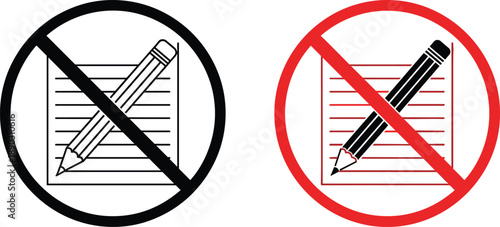 No writing allowed prohibition symbols illustration showing crossed pencil and paper icons in black and red isolated on white background for rules signage design