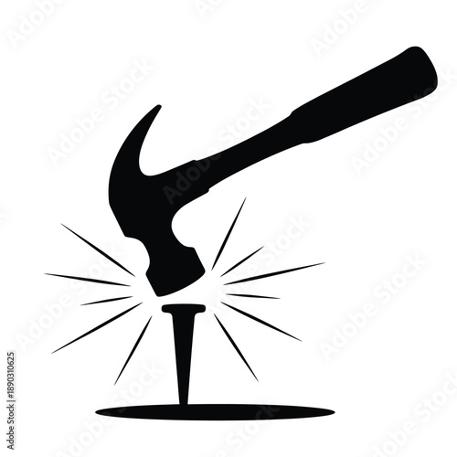A hammer forcefully striking a nail creating a shattering impact
