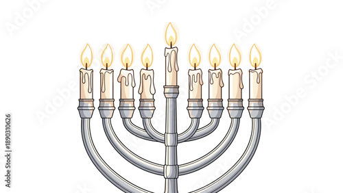 traditional silver hanukkah menorah or hanukkiah with nine lit candles and melting wax for the jewish festival of lights celebration.