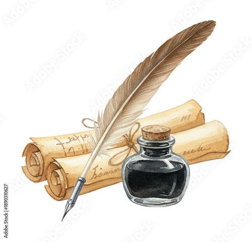 Vintage Quill Pen Ink Bottle and Old Scrolls Watercolor Art on White Background for Writing History Learning
