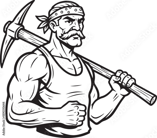 Muscular worker with a bandana and pickaxe over his shoulder, ready for the tough job