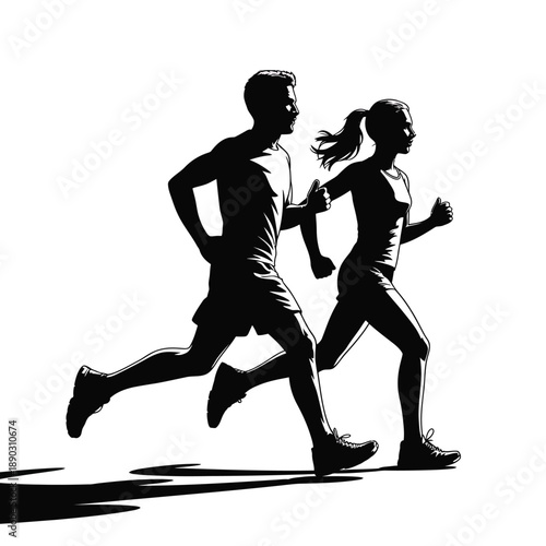 Silhouetted couple running together displaying athleticism and dynamic movement