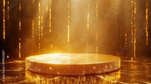 Golden podium illuminated by spotlights and falling glitter, representing achievement and success.