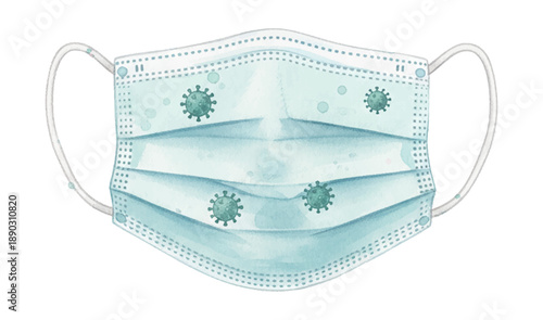 Protective blue medical face mask surrounded by many green virus particles in watercolor art