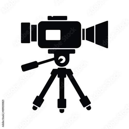 Simple black silhouette of a video camera mounted on a tripod