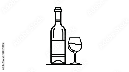 Minimalist line art shows a tall bottle of red wine standing next to a single glass partially filled with a tasty beverage.
