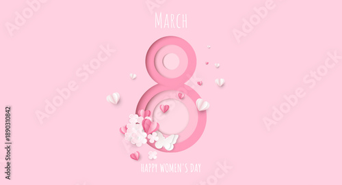 March 8th, Happy Women's Day with flowers and butterflies. A banner dedicated to International Women's Day. Vector EPS 10.