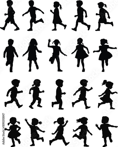 Running and playing children silhouettes set featuring boys and girls in motion, active childhood poses and playful activities, black figures isolated on white background illustration
