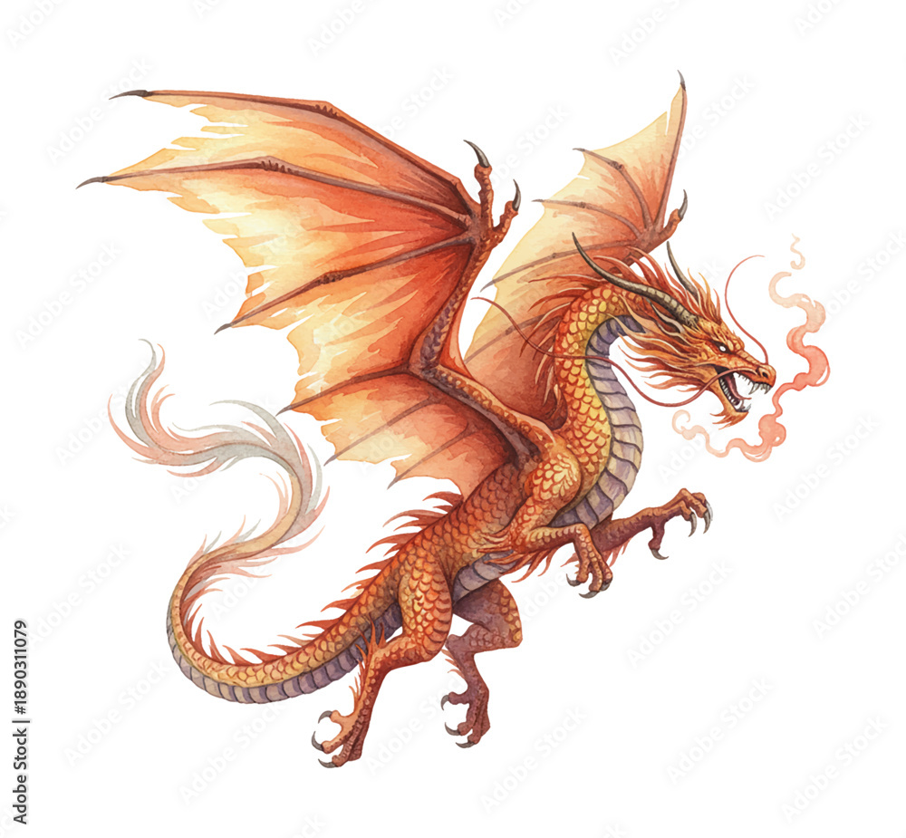 Obraz premium Majestic orange yellow dragon flying with wings spread breathing fire and roaring fiercely in a vibrant illustration