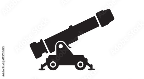 A black silhouette of an antique cannon on a cart viewed from the side
