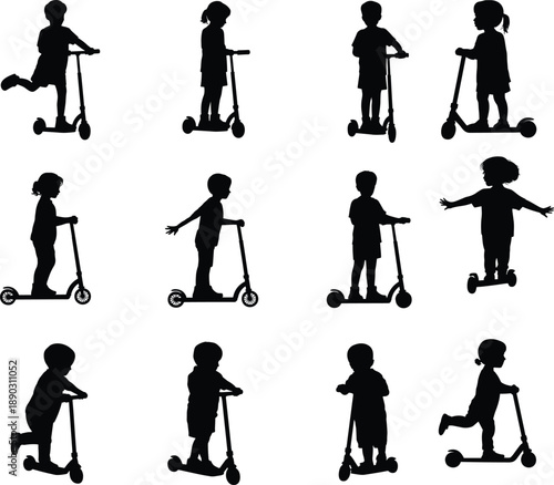 Set of Black Silhouettes of Little Boys and Girls Riding Kick Scooters in Various Poses Isolated on White Background for Active Childhood Outdoor Play Graphics