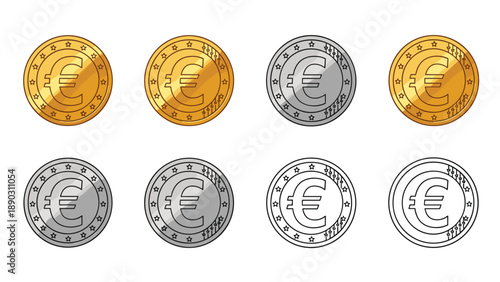 Set of euro coins is displayed in various colors and styles including gold silver bronze and simple line art versions.