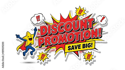 Dynamic discount promotion graphic featuring a cheerful star character, ideal for announcing big savings and exciting special offers