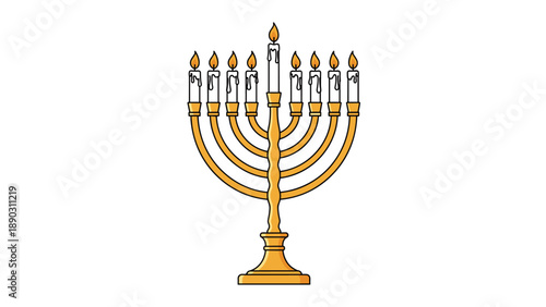 Traditional gold hanukkah menorah with lit candles and melting wax drippings is shown on a clean white background.
