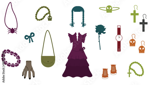 A collection of various fashion accessories and clothing items on a white background