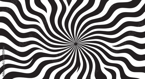Hypnotic Black and White Optical Illusion Swirl Background with Wavy Radial Rays