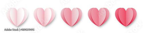 A set of pink paper hearts with a shadow on a white background. 3d hearts for Valentine's Day, Mother's Day, wedding. Vector illustration.