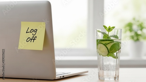 Refreshing cucumber mint drink beside laptop with log off note for break time inspiration